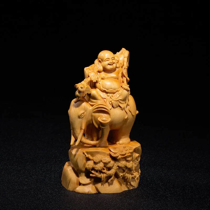 14CM Smile Maitreya Riding Elephant Small Wood Statue Home Decorations Collection Laughing Buddha Statue Gifts Buddha Figures