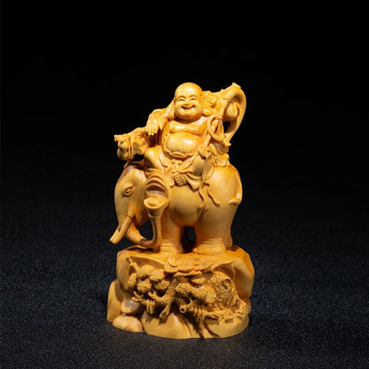 14CM Smile Maitreya Riding Elephant Small Wood Statue Home Decorations Collection Laughing Buddha Statue Gifts Buddha Figures