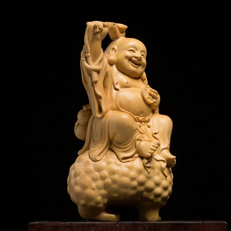 14CM Toad Laughing Bag Buddha Chinese Mythology Boxwood Carving Creative Home Wood Engraving Crafts Living Room Car
