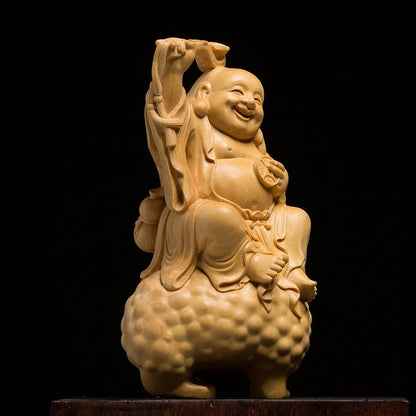 14CM Toad Laughing Bag Buddha Chinese Mythology Boxwood Carving Creative Home Wood Engraving Crafts Living Room Car