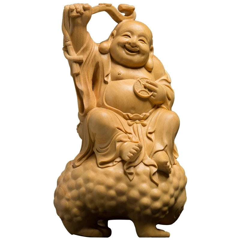 14CM Toad Laughing Bag Buddha Chinese Mythology Boxwood Carving Creative Home Wood Engraving Crafts Living Room Car