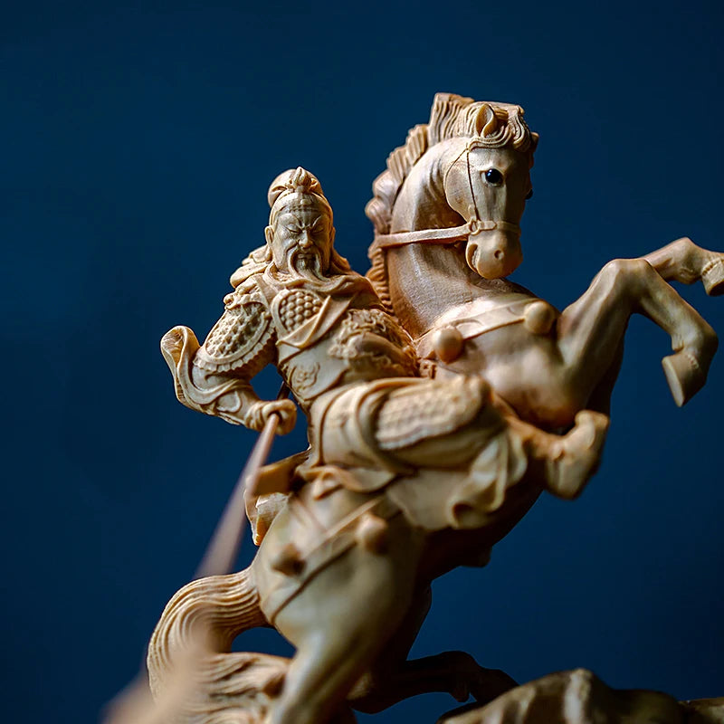 14CM  Wood Statue Boxwood Carving Wealth God Lucky Riding Guan Gong Home Decoration Feng Shui Fortune Town Home Decoration