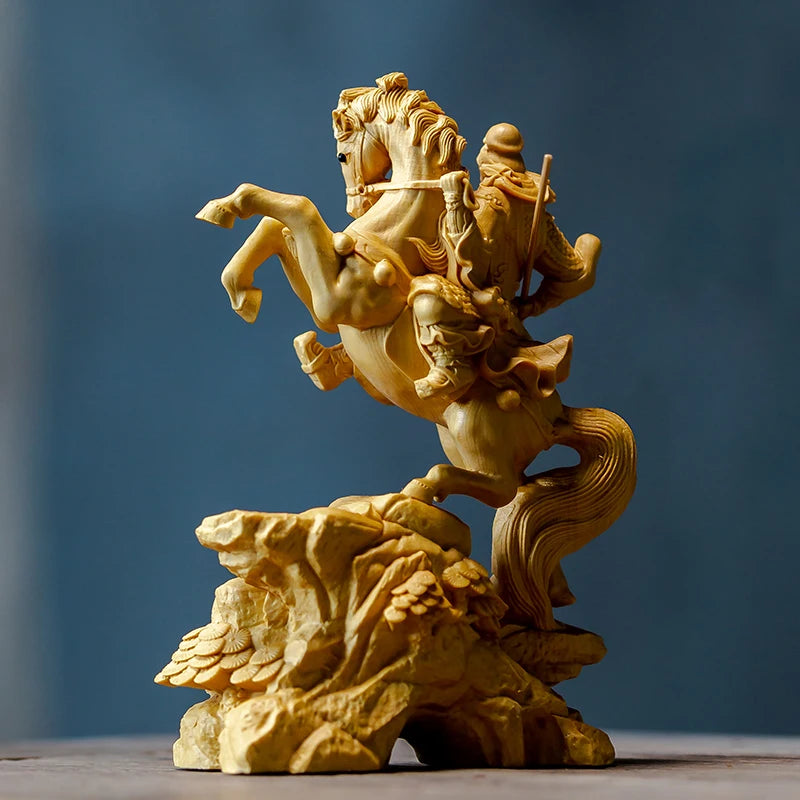 14CM  Wood Statue Boxwood Carving Wealth God Lucky Riding Guan Gong Home Decoration Feng Shui Fortune Town Home Decoration