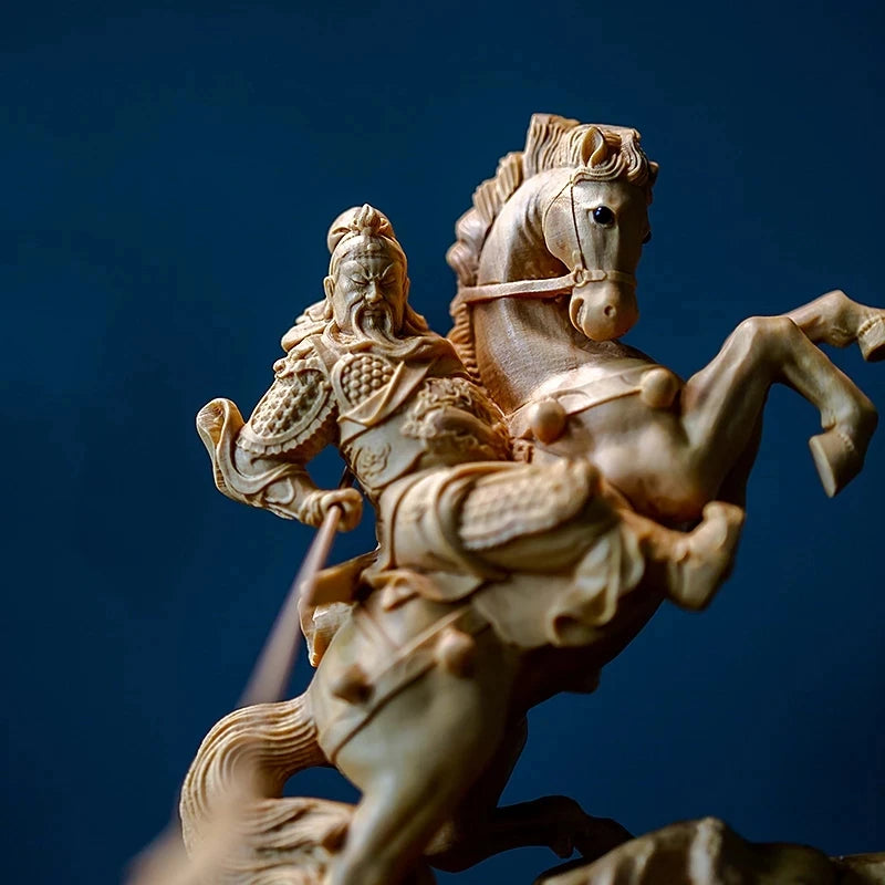 14CM Wood Statue Boxwood Carving Wealth God Lucky Riding Guan Gong Home Decoration Feng Shui Fortune Town Home Decoration
