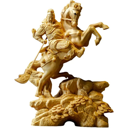14CM Wood Statue Boxwood Carving Wealth God Lucky Riding Guan Gong Home Decoration Feng Shui Fortune Town Home Decoration