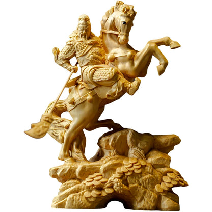 14CM  Wood Statue Boxwood Carving Wealth God Lucky Riding Guan Gong Home Decoration Feng Shui Fortune Town Home Decoration