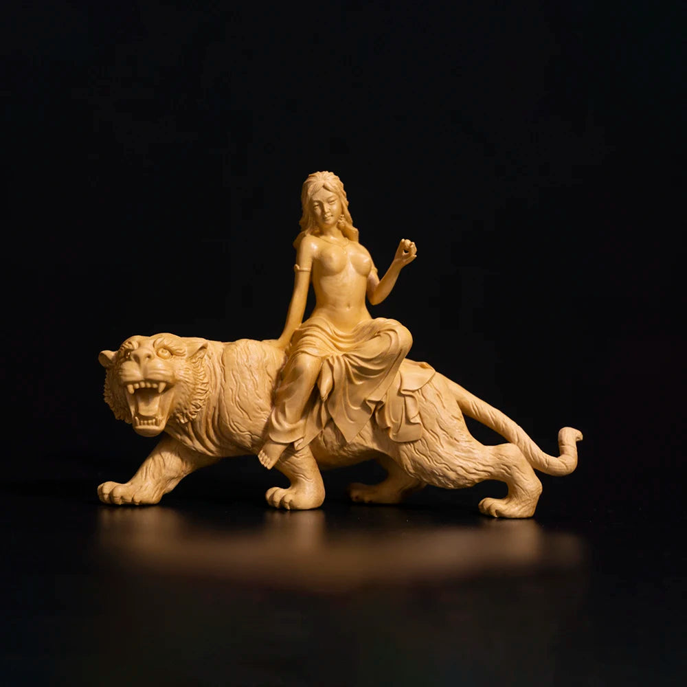 14cm Beauty Riding Tiger Sculpture Room Decoration Boxwood Figure Solid Wood Statue Home Decor