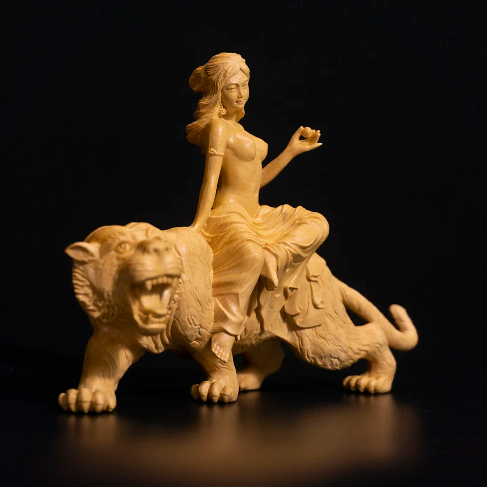 14cm Beauty Riding Tiger Sculpture Room Decoration Boxwood Figure Solid Wood Statue Home Decor