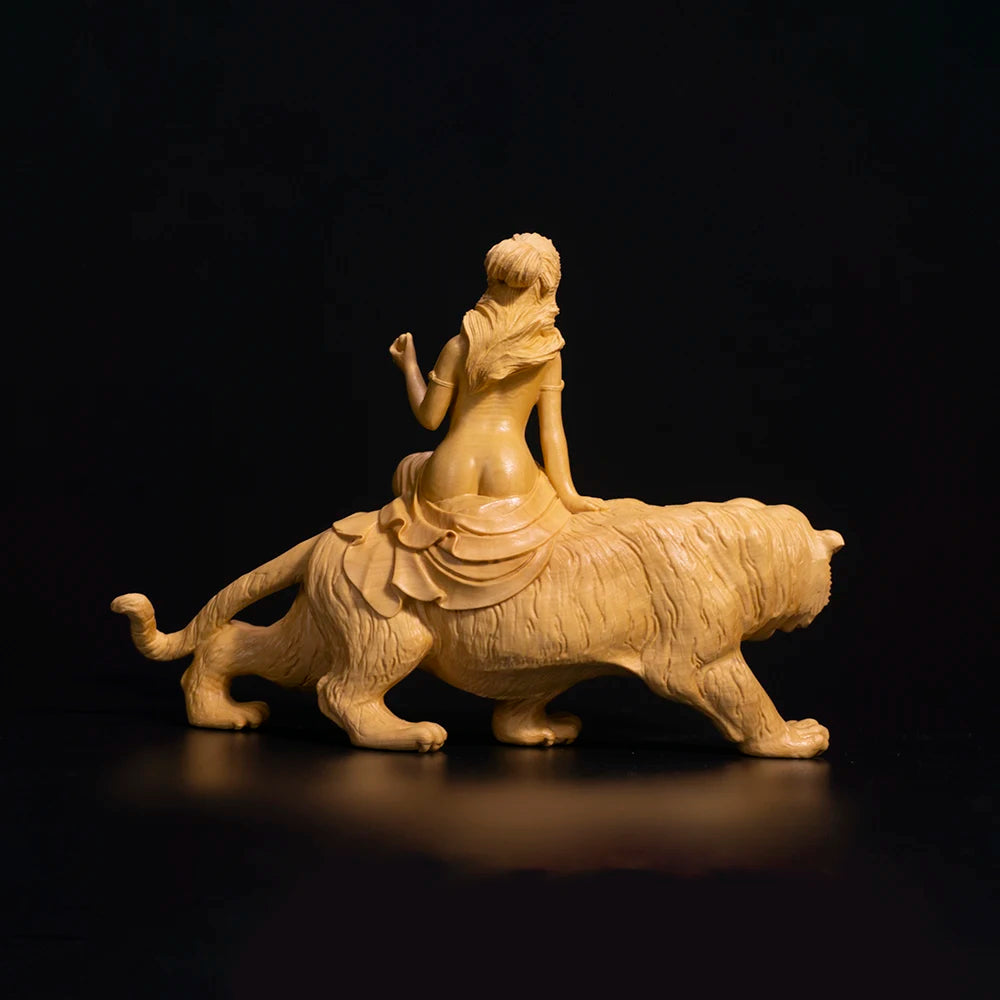 14cm Beauty Riding Tiger Sculpture Room Decoration Boxwood Figure Solid Wood Statue Home Decor