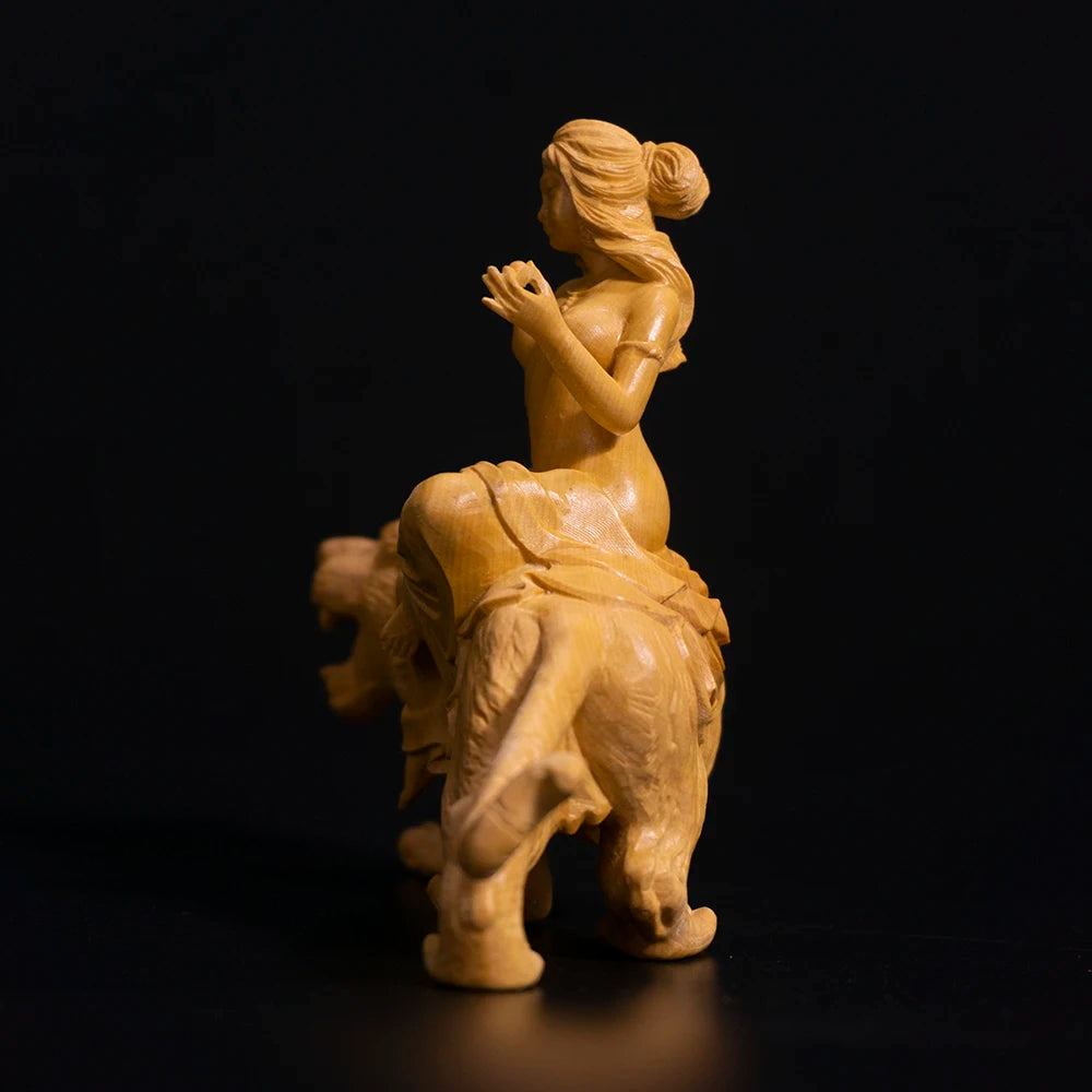 14cm Beauty Riding Tiger Sculpture Room Decoration Boxwood Figure Solid Wood Statue Home Decor