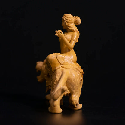 14cm Beauty Riding Tiger Sculpture Room Decoration Boxwood Figure Solid Wood Statue Home Decor