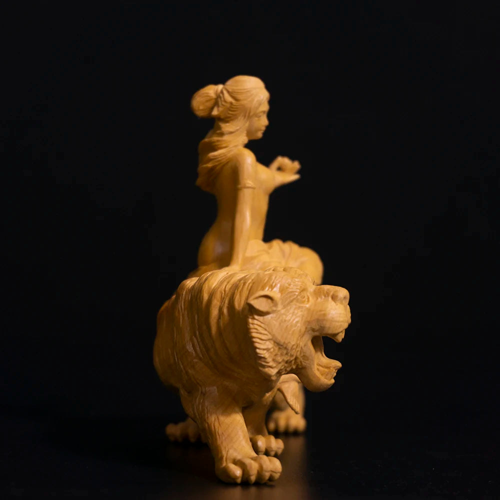 14cm Beauty Riding Tiger Sculpture Room Decoration Boxwood Figure Solid Wood Statue Home Decor