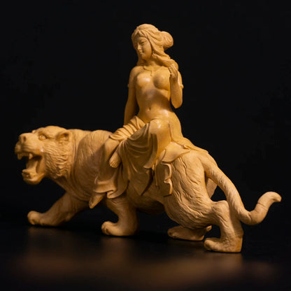 14cm Beauty Riding Tiger Sculpture Room Decoration Boxwood Figure Solid Wood Statue Home Decor