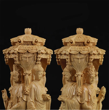 15/20cm Western Three Buddha Sculptures Wood Statues Chinese Style Folk Statue Hand Carved Sculpture Miniature Home Decor