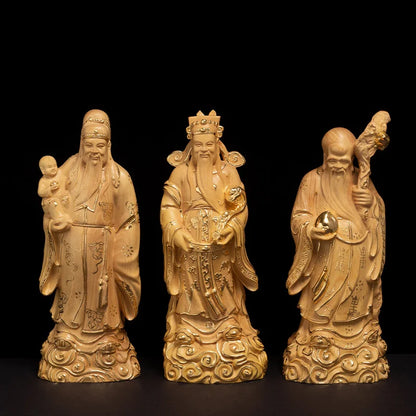 15/21cm Buddha San Xing Three Gods Statue Decoration Gods Wooden Figures Exquisite Home Feng Shui Carving Handicrafts