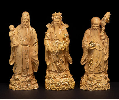 15/21cm Buddha San Xing Three Gods Statue Decoration Gods Wooden Figures Exquisite Home Feng Shui Carving Handicrafts