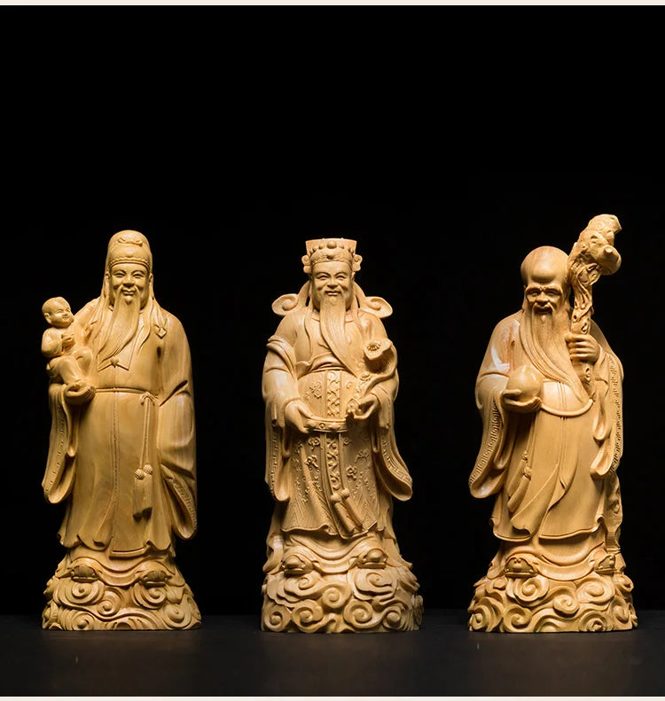15/21cm Buddha San Xing Three Gods Statue Decoration Gods Wooden Figures Exquisite Home Feng Shui Carving Handicrafts