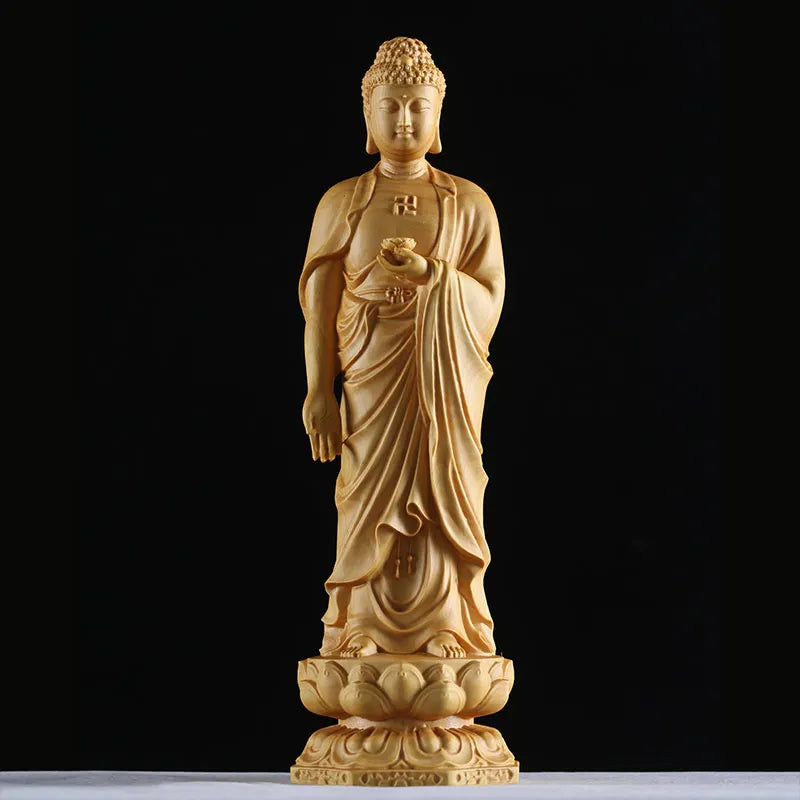 15-30CM Namo Amitabha Buddha Statue Buddha Sculpture yellow wood Hand Made Buddhism Feng shui Solid Wood Figurine Home Decor