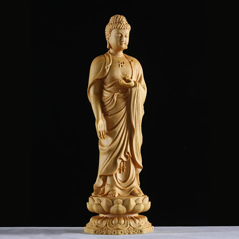 15-30CM Namo Amitabha Buddha Statue Buddha Sculpture yellow wood Hand Made Buddhism Feng shui Solid Wood Figurine Home Decor