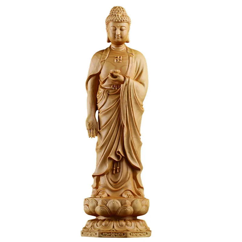 15-30CM Namo Amitabha Buddha Statue Buddha Sculpture yellow wood Hand Made Buddhism Feng shui Solid Wood Figurine Home Decor