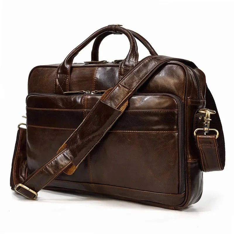 15.6 inch Laptop Men's Genuine Handbag for Men Large Travel Shoulder Male Leather Briefcases Crossbody Bag