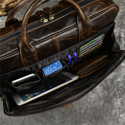 15.6 inch Laptop Men's Genuine Handbag for Men Large Travel Shoulder Male Leather Briefcases Crossbody Bag