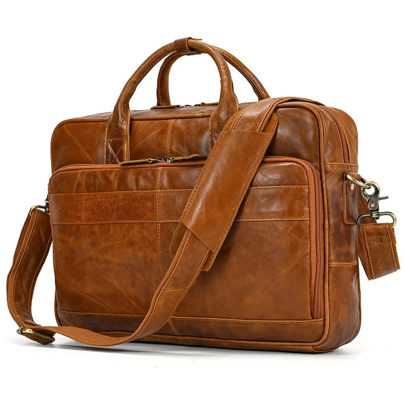15.6 inch Laptop Men's Genuine Handbag for Men Large Travel Shoulder Male Leather Briefcases Crossbody Bag