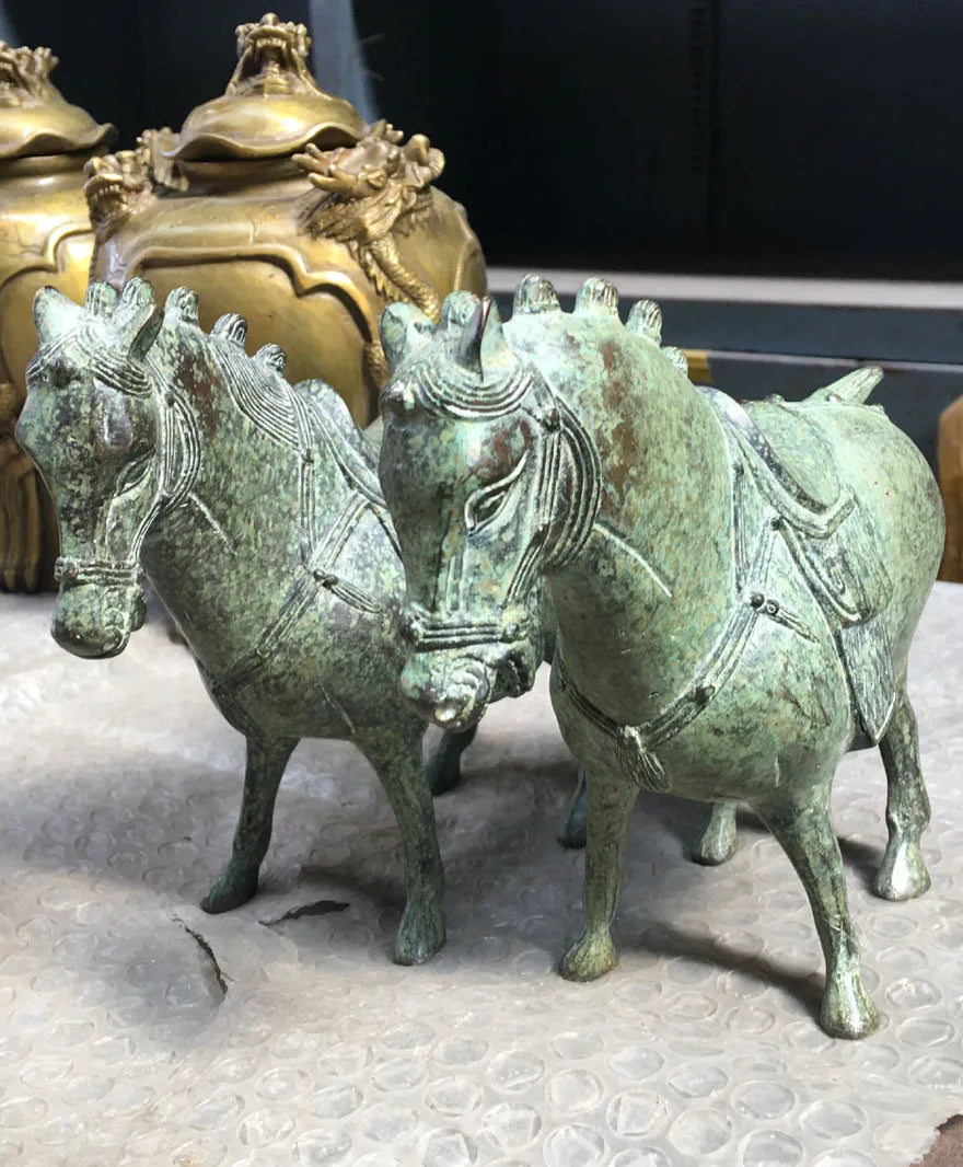 15.8Cm Dynasty's Flourishing Style is Graceful And Luxurious  Lucky A Pair Horse Ancient Bronze Statues