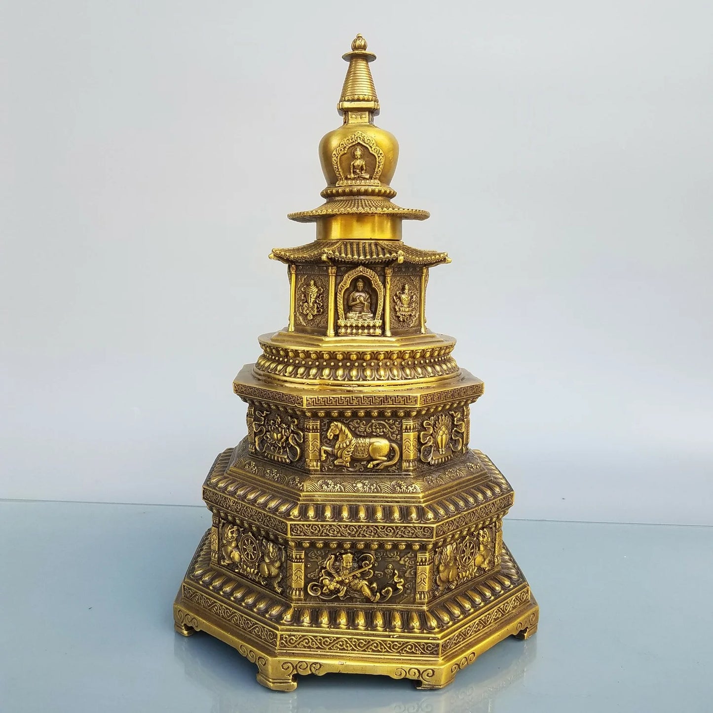 15"Tibet Temple Collection Old Brass Elephant pattern Shakyamuni Pagoda Prayer Tower Ornaments Worship Hall Town house Exorcism