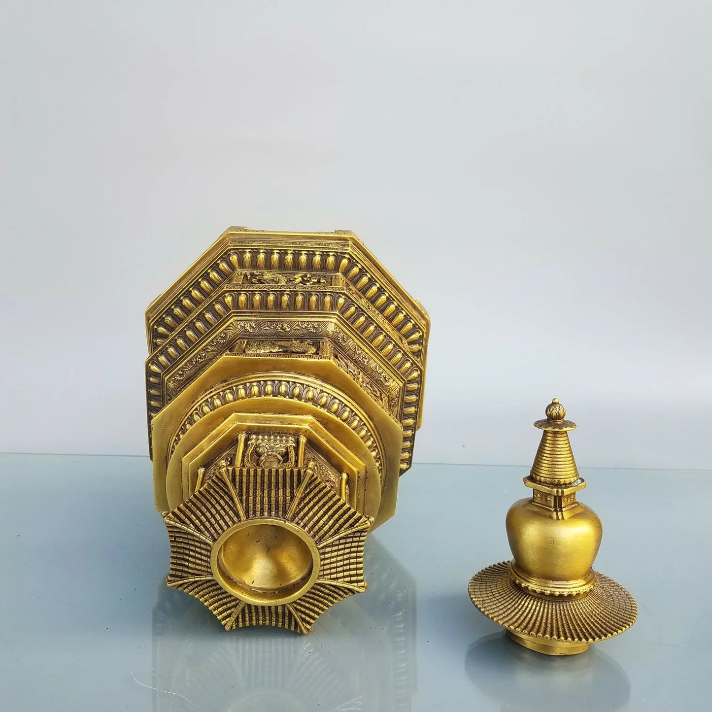 15"Tibet Temple Collection Old Brass Elephant pattern Shakyamuni Pagoda Prayer Tower Ornaments Worship Hall Town house Exorcism