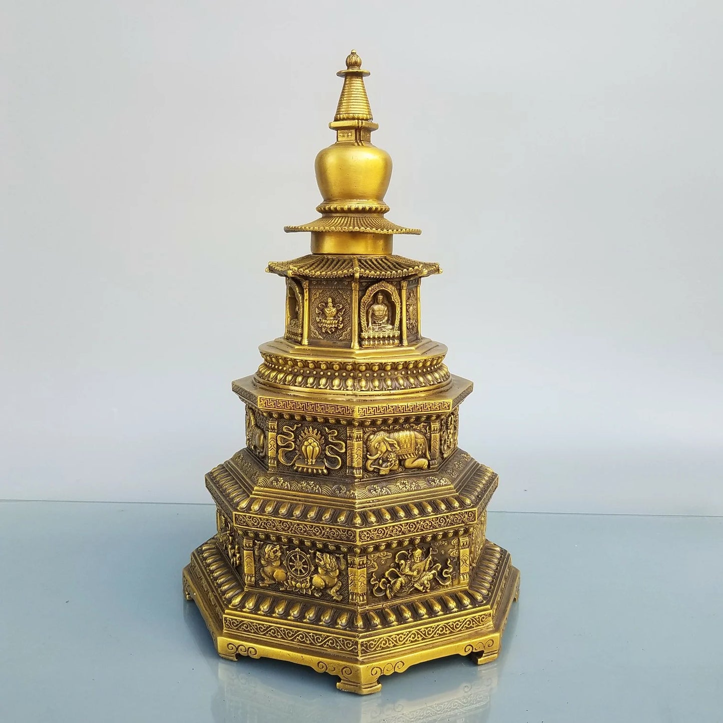 15"Tibet Temple Collection Old Brass Elephant pattern Shakyamuni Pagoda Prayer Tower Ornaments Worship Hall Town house Exorcism