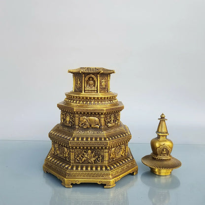15"Tibet Temple Collection Old Brass Elephant pattern Shakyamuni Pagoda Prayer Tower Ornaments Worship Hall Town house Exorcism