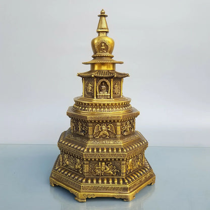 15"Tibet Temple Collection Old Brass Elephant pattern Shakyamuni Pagoda Prayer Tower Ornaments Worship Hall Town house Exorcism