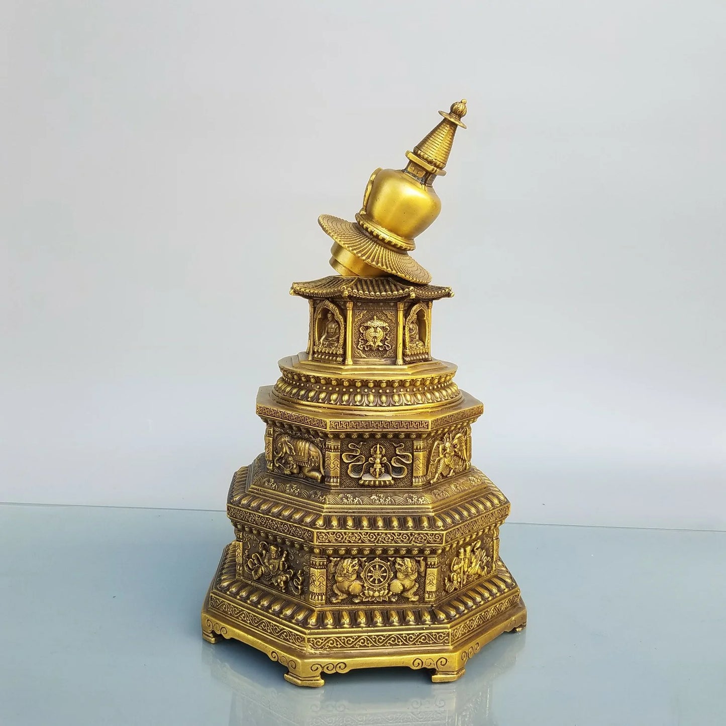 15"Tibet Temple Collection Old Brass Elephant pattern Shakyamuni Pagoda Prayer Tower Ornaments Worship Hall Town house Exorcism