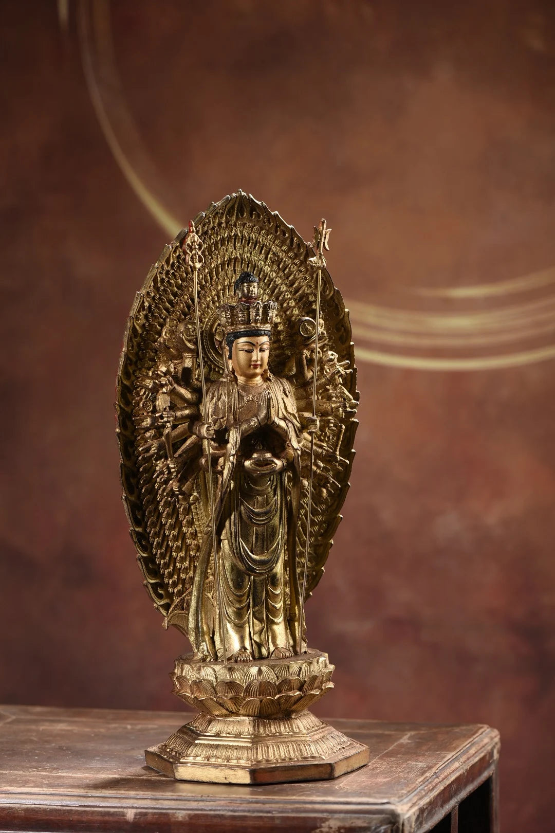 15"Tibet Temple Collection Old Bronze Gilded Painted Cinnabar 1000 Arm Guanyin Backlit Lotus Table Worship Hall Town house