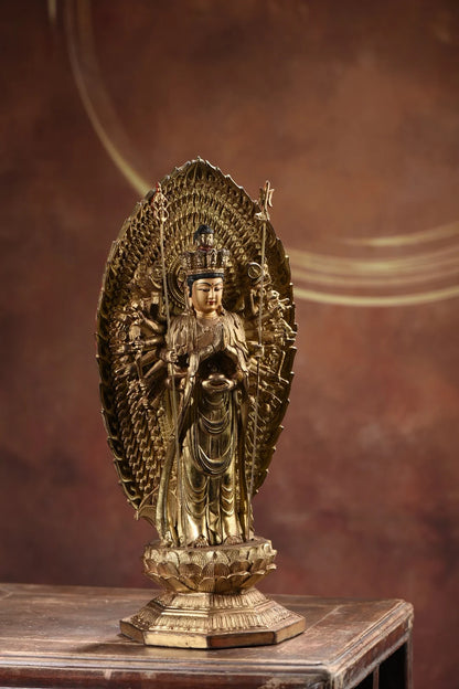 15"Tibet Temple Collection Old Bronze Gilded Painted Cinnabar 1000 Arm Guanyin Backlit Lotus Table Worship Hall Town house