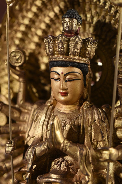 15"Tibet Temple Collection Old Bronze Gilded Painted Cinnabar 1000 Arm Guanyin Backlit Lotus Table Worship Hall Town house