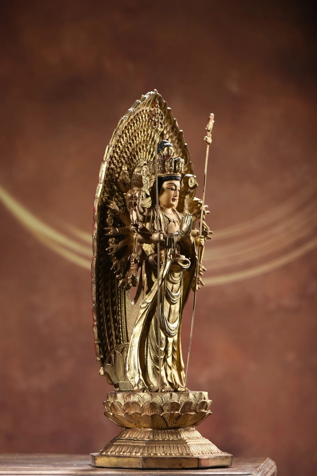 15"Tibet Temple Collection Old Bronze Gilded Painted Cinnabar 1000 Arm Guanyin Backlit Lotus Table Worship Hall Town house