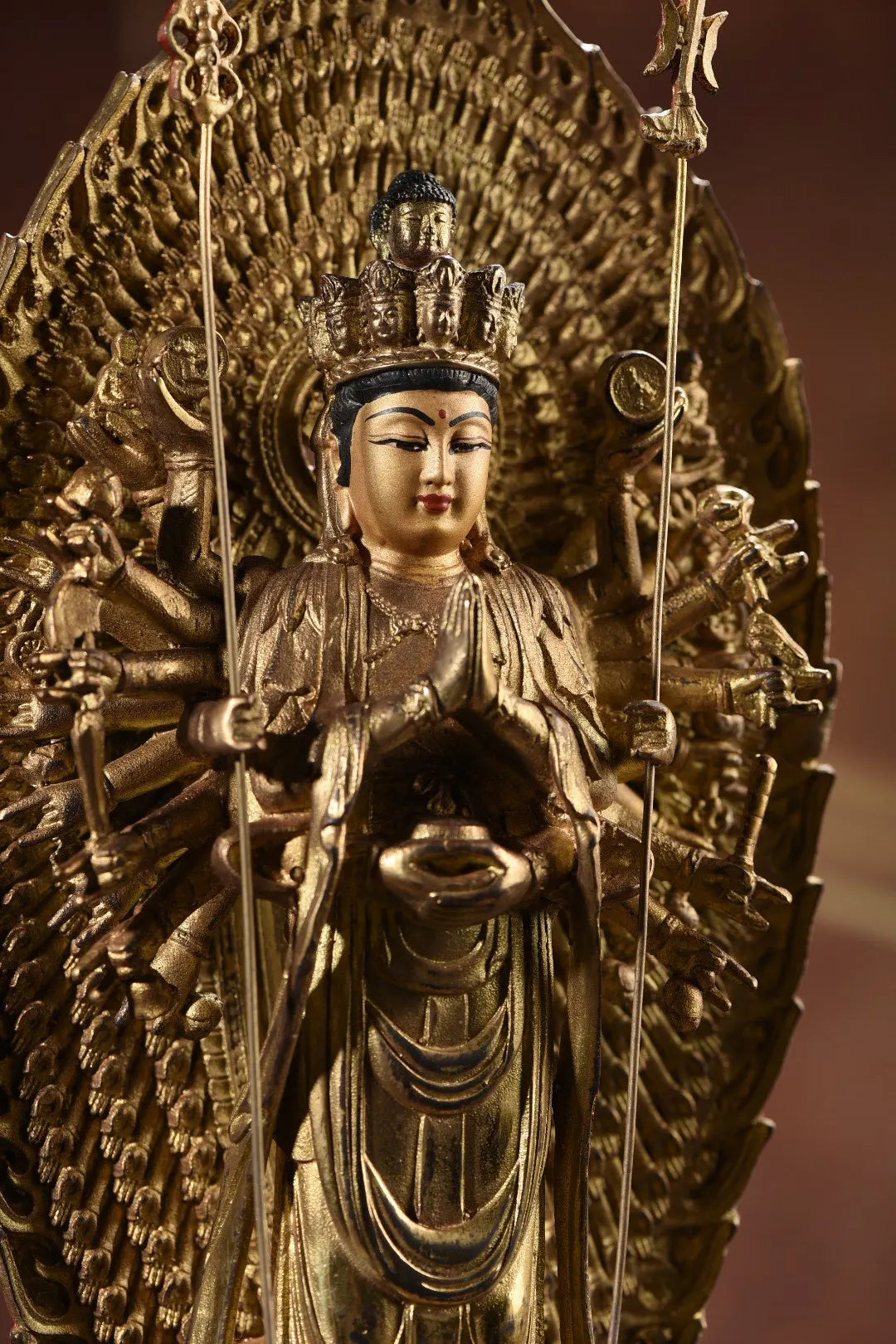 15"Tibet Temple Collection Old Bronze Gilded Painted Cinnabar 1000 Arm Guanyin Backlit Lotus Table Worship Hall Town house