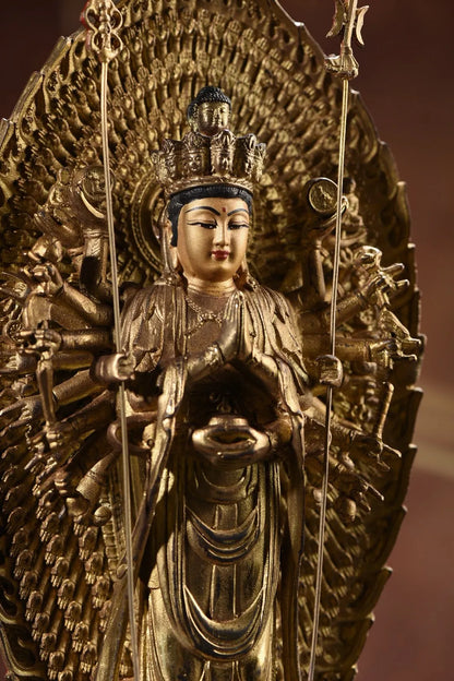 15"Tibet Temple Collection Old Bronze Gilded Painted Cinnabar 1000 Arm Guanyin Backlit Lotus Table Worship Hall Town house
