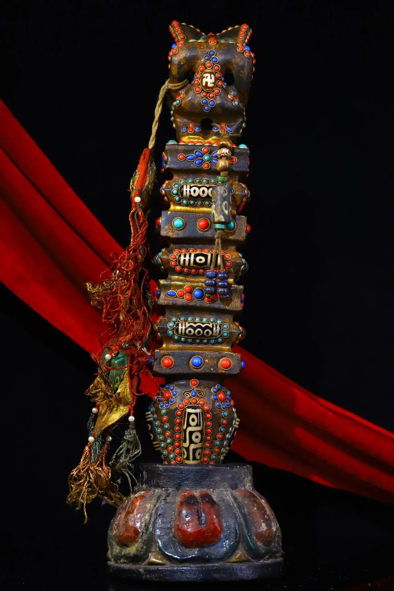 15"Tibet Temple Collection Old Natural Meteorite Filigree Gem Dzi Bead Animal Head Dorje Vajra Phurp Amulet Dharma Town House