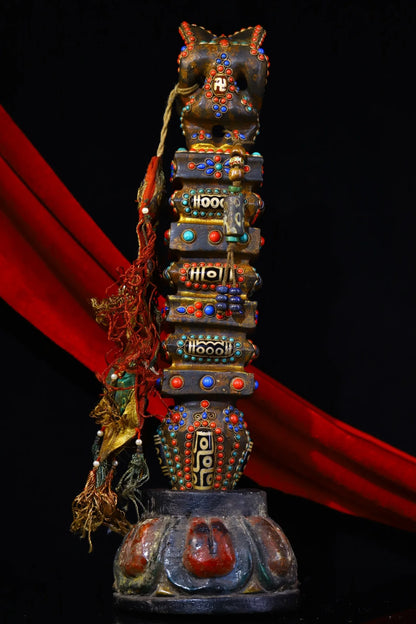 15"Tibet Temple Collection Old Natural Meteorite Filigree Gem Dzi Bead Animal Head Dorje Vajra Phurp Amulet Dharma Town House