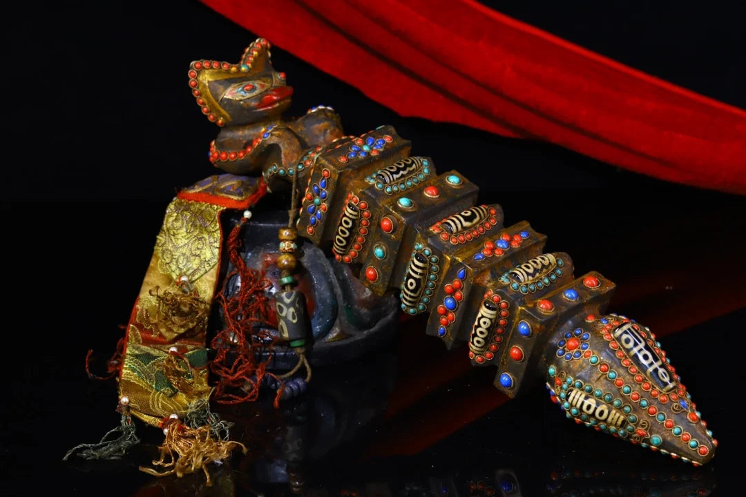 15"Tibet Temple Collection Old Natural Meteorite Filigree Gem Dzi Bead Animal Head Dorje Vajra Phurp Amulet Dharma Town House