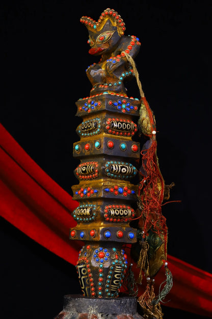 15"Tibet Temple Collection Old Natural Meteorite Filigree Gem Dzi Bead Animal Head Dorje Vajra Phurp Amulet Dharma Town House