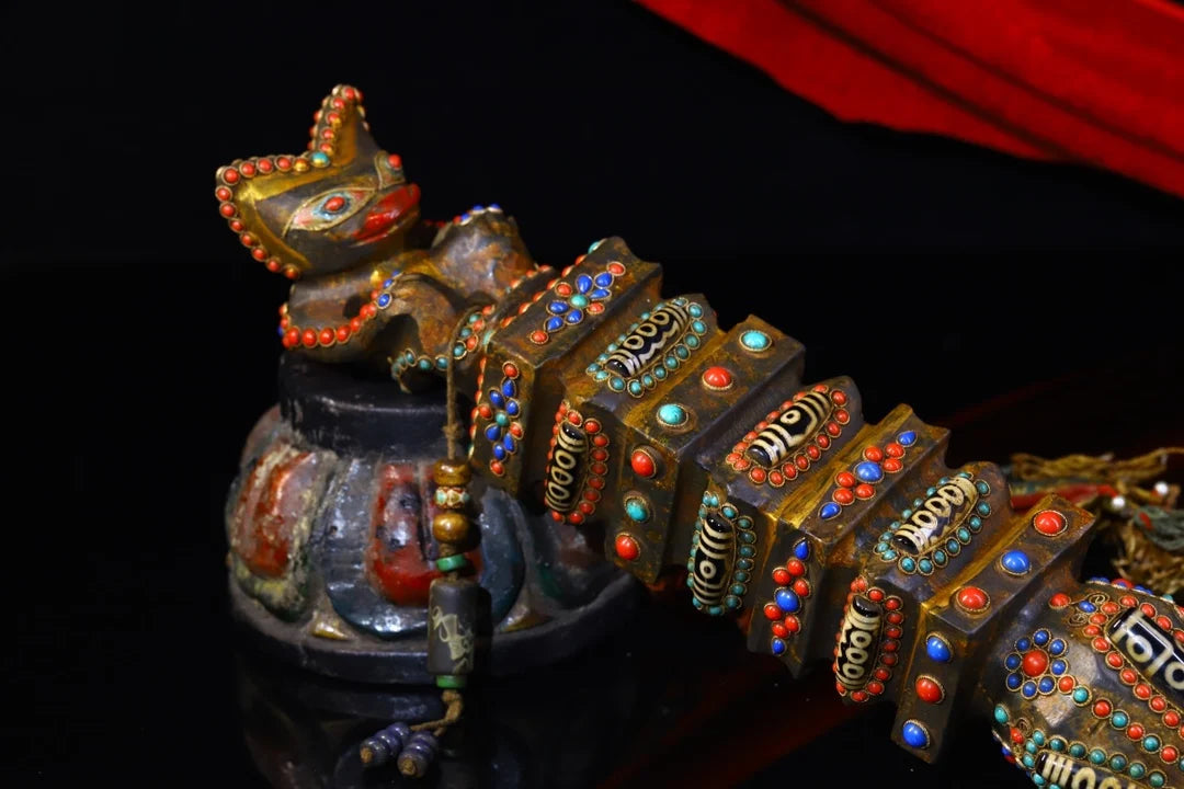 15"Tibet Temple Collection Old Natural Meteorite Filigree Gem Dzi Bead Animal Head Dorje Vajra Phurp Amulet Dharma Town House