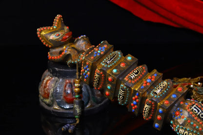 15"Tibet Temple Collection Old Natural Meteorite Filigree Gem Dzi Bead Animal Head Dorje Vajra Phurp Amulet Dharma Town House