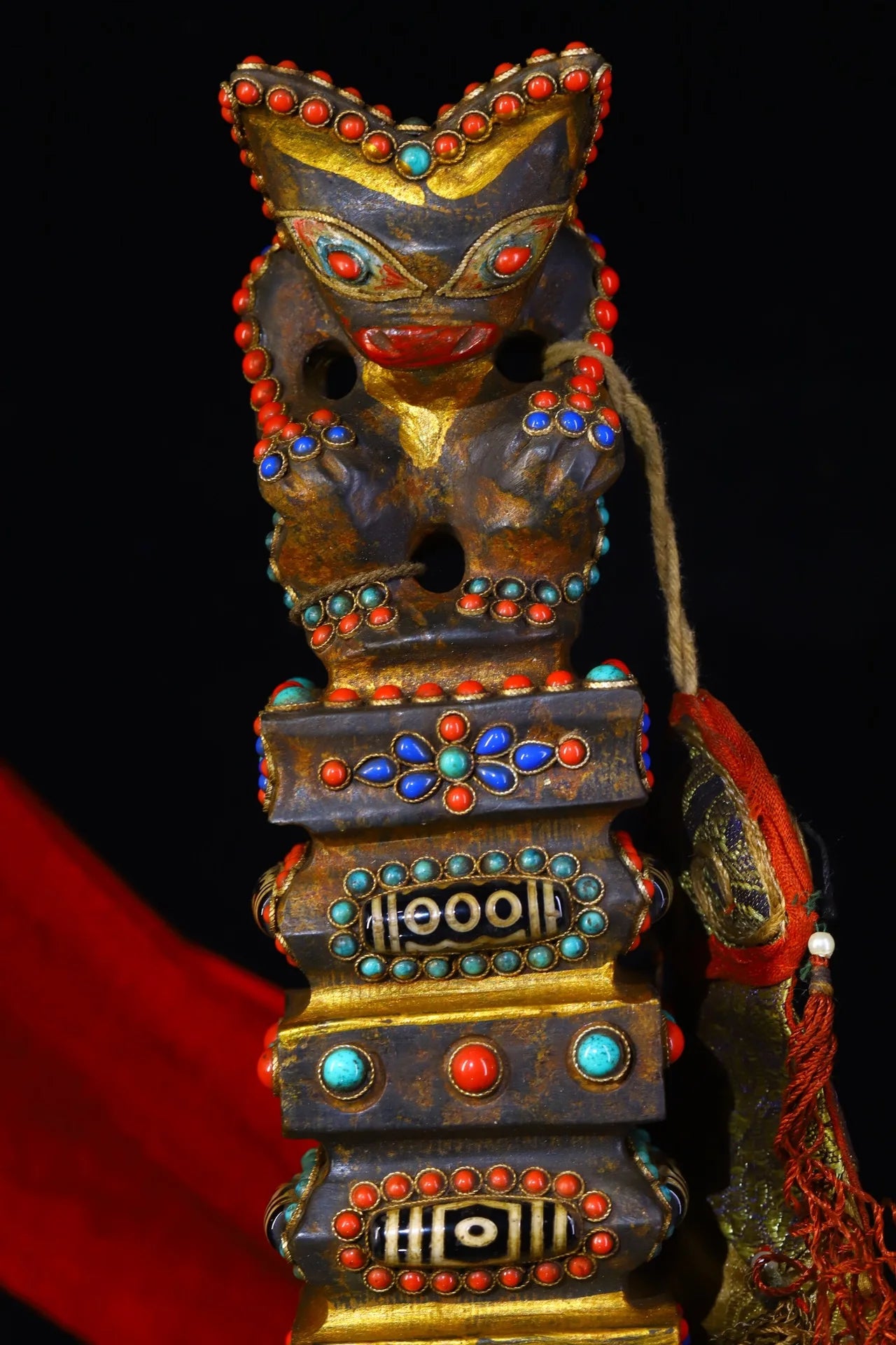 15"Tibet Temple Collection Old Natural Meteorite Filigree Gem Dzi Bead Animal Head Dorje Vajra Phurp Amulet Dharma Town House