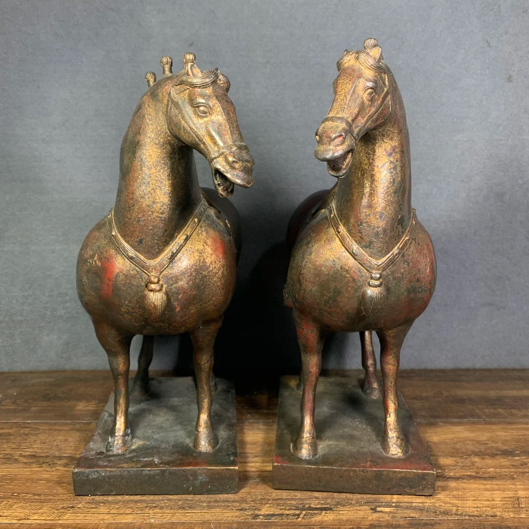 15"Tibetan Temple Collection Old Bronze Cinnabar Lacquer Northern Weimar Tangma Horse statue A pair Town House Exorcism
