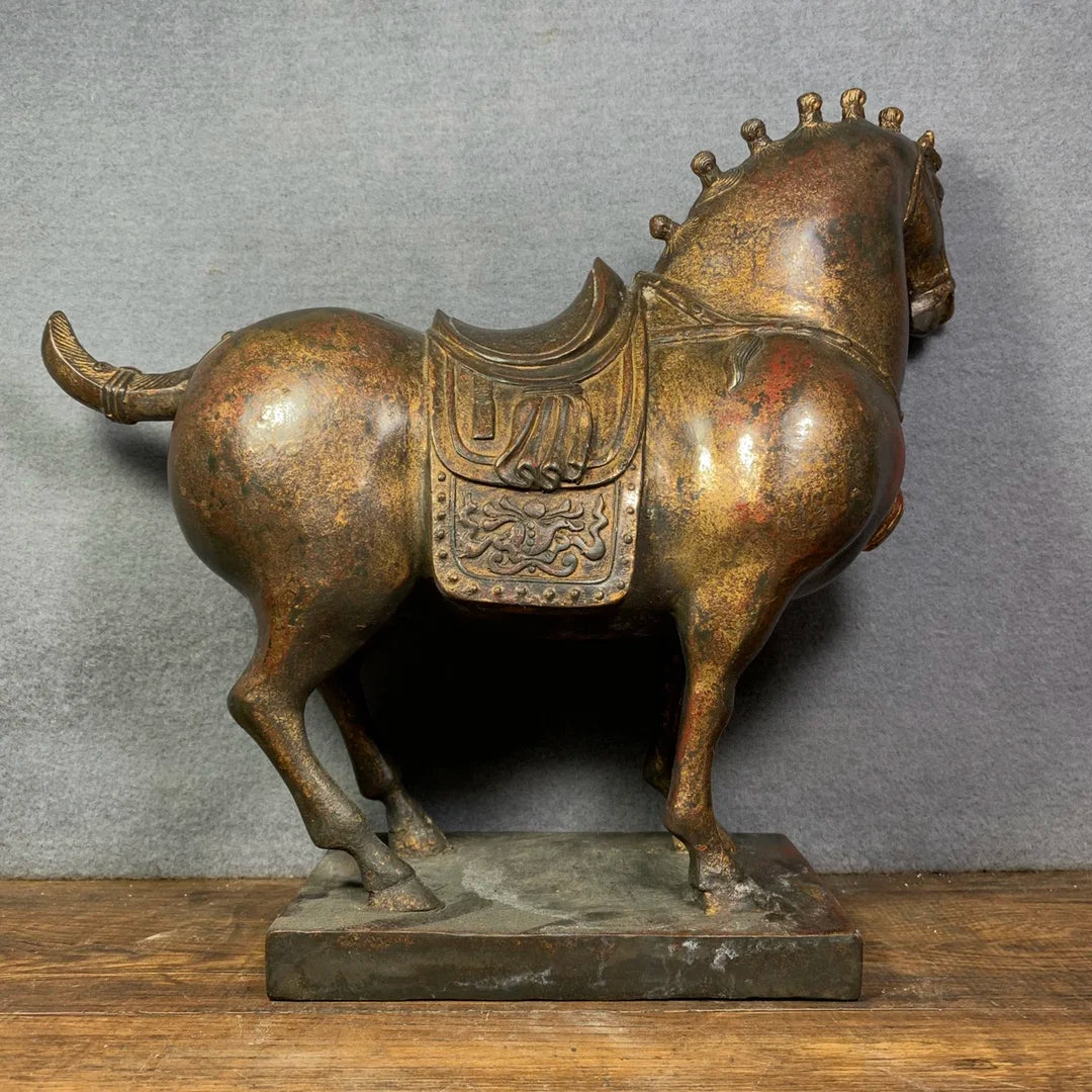 15"Tibetan Temple Collection Old Bronze Cinnabar Lacquer Northern Weimar Tangma Horse statue A pair Town House Exorcism
