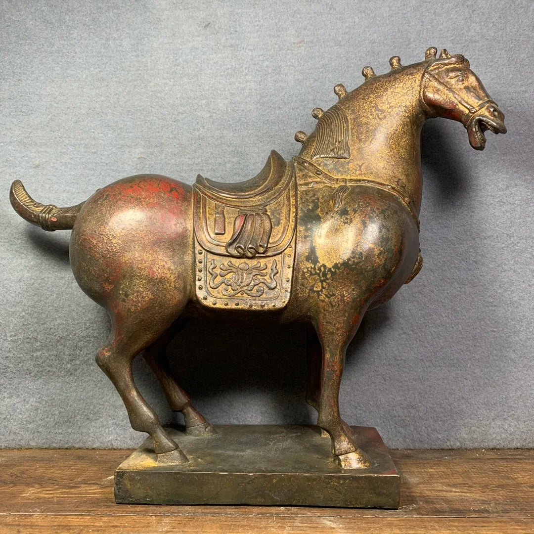 15"Tibetan Temple Collection Old Bronze Cinnabar Lacquer Northern Weimar Tangma Horse statue A pair Town House Exorcism
